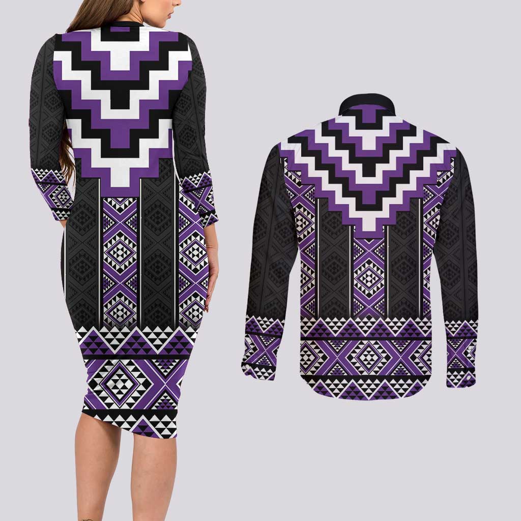 Purple Taniko Pattern Aotearoa Couples Matching Long Sleeve Bodycon Dress and Long Sleeve Button Shirt Niho Taniwha Mix Poutama LT14