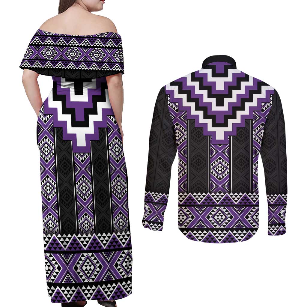 Purple Taniko Pattern Aotearoa Couples Matching Off Shoulder Maxi Dress and Long Sleeve Button Shirt Niho Taniwha Mix Poutama LT14