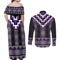 Purple Taniko Pattern Aotearoa Couples Matching Off Shoulder Maxi Dress and Long Sleeve Button Shirt Niho Taniwha Mix Poutama LT14