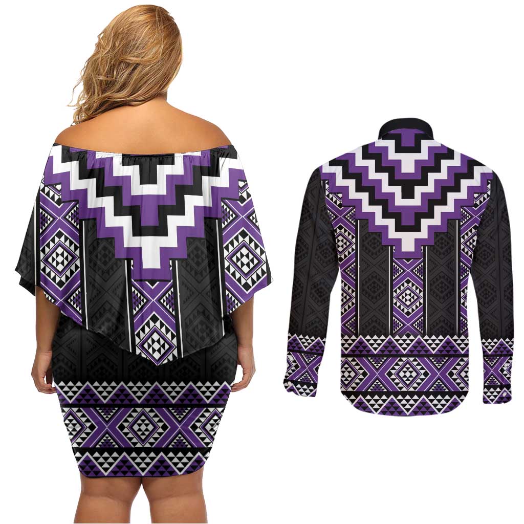 Purple Taniko Pattern Aotearoa Couples Matching Off Shoulder Short Dress and Long Sleeve Button Shirt Niho Taniwha Mix Poutama LT14