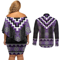 Purple Taniko Pattern Aotearoa Couples Matching Off Shoulder Short Dress and Long Sleeve Button Shirt Niho Taniwha Mix Poutama LT14