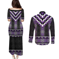 Purple Taniko Pattern Aotearoa Couples Matching Puletasi and Long Sleeve Button Shirt Niho Taniwha Mix Poutama LT14