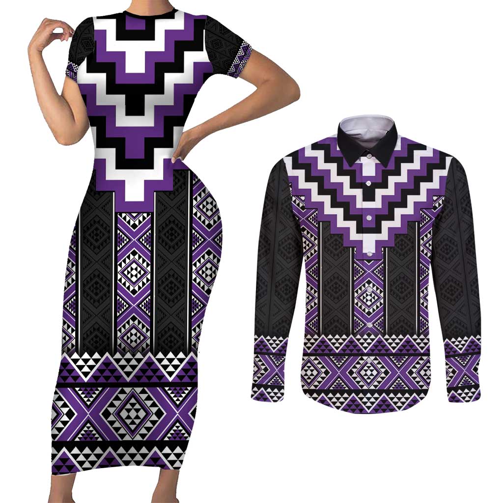 Purple Taniko Pattern Aotearoa Couples Matching Short Sleeve Bodycon Dress and Long Sleeve Button Shirt Niho Taniwha Mix Poutama LT14