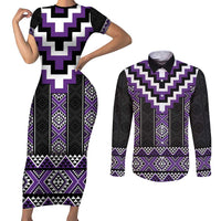 Purple Taniko Pattern Aotearoa Couples Matching Short Sleeve Bodycon Dress and Long Sleeve Button Shirt Niho Taniwha Mix Poutama LT14