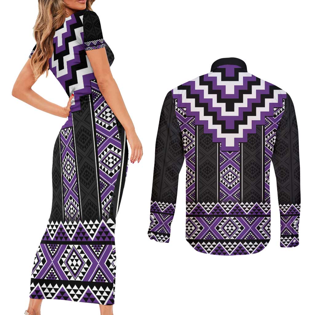 Purple Taniko Pattern Aotearoa Couples Matching Short Sleeve Bodycon Dress and Long Sleeve Button Shirt Niho Taniwha Mix Poutama LT14