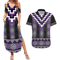 Purple Taniko Pattern Aotearoa Couples Matching Summer Maxi Dress and Hawaiian Shirt Niho Taniwha Mix Poutama LT14