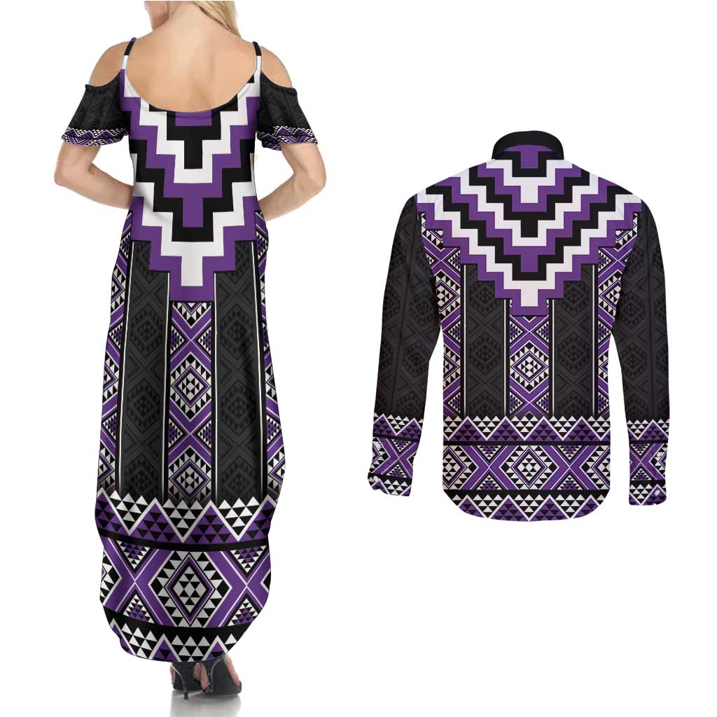 Purple Taniko Pattern Aotearoa Couples Matching Summer Maxi Dress and Long Sleeve Button Shirt Niho Taniwha Mix Poutama LT14