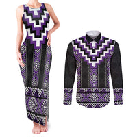 Purple Taniko Pattern Aotearoa Couples Matching Tank Maxi Dress and Long Sleeve Button Shirt Niho Taniwha Mix Poutama LT14