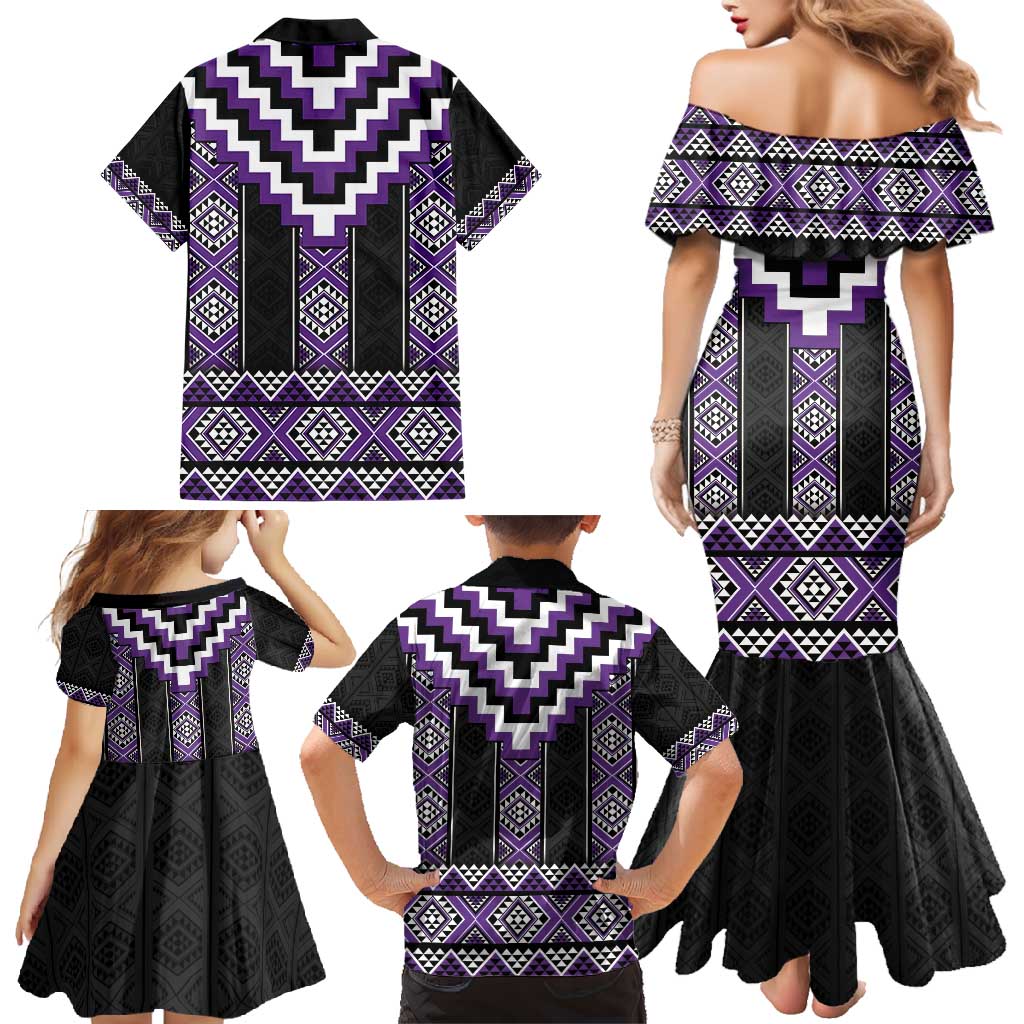 Purple Taniko Pattern Aotearoa Family Matching Mermaid Dress and Hawaiian Shirt Niho Taniwha Mix Poutama LT14 - Polynesian Pride