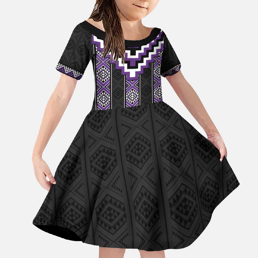 Purple Taniko Pattern Aotearoa Family Matching Off Shoulder Maxi Dress and Hawaiian Shirt Niho Taniwha Mix Poutama LT14 Daughter's Dress Purple - Polynesian Pride