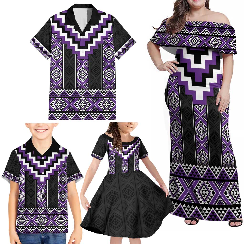 Purple Taniko Pattern Aotearoa Family Matching Off Shoulder Maxi Dress and Hawaiian Shirt Niho Taniwha Mix Poutama LT14 - Polynesian Pride