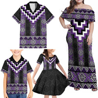 Purple Taniko Pattern Aotearoa Family Matching Off Shoulder Maxi Dress and Hawaiian Shirt Niho Taniwha Mix Poutama LT14 - Polynesian Pride