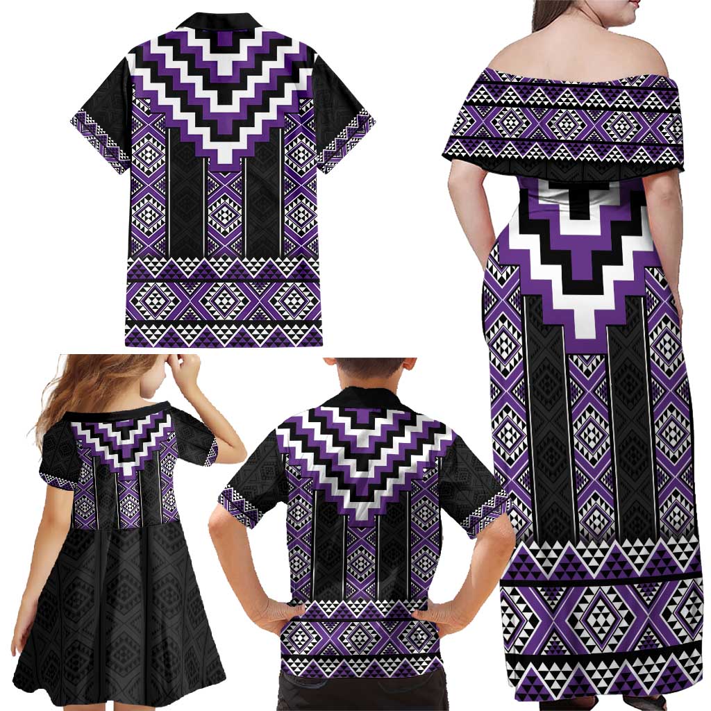 Purple Taniko Pattern Aotearoa Family Matching Off Shoulder Maxi Dress and Hawaiian Shirt Niho Taniwha Mix Poutama LT14 - Polynesian Pride