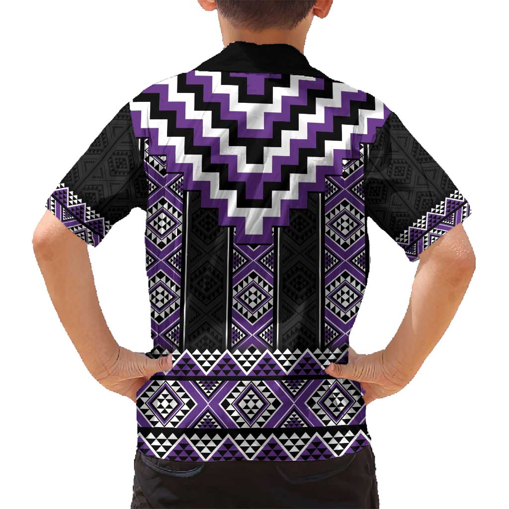 Purple Taniko Pattern Aotearoa Family Matching Off Shoulder Short Dress and Hawaiian Shirt Niho Taniwha Mix Poutama LT14 - Polynesian Pride