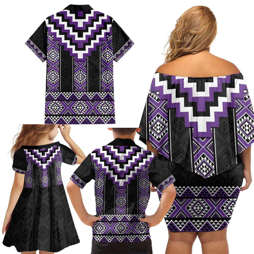 Purple Taniko Pattern Aotearoa Family Matching Off Shoulder Short Dress and Hawaiian Shirt Niho Taniwha Mix Poutama LT14 - Polynesian Pride