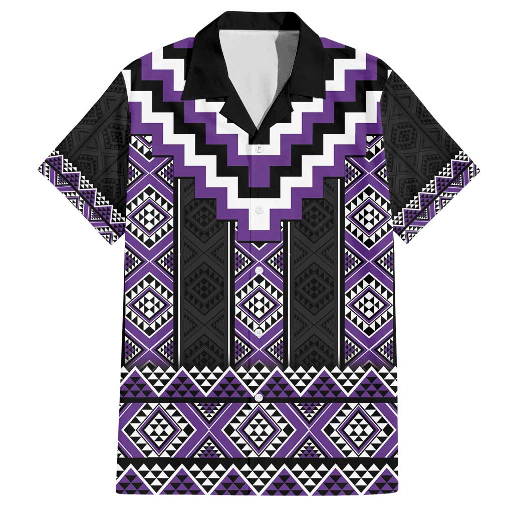 Purple Taniko Pattern Aotearoa Family Matching Off Shoulder Short Dress and Hawaiian Shirt Niho Taniwha Mix Poutama LT14 Dad's Shirt - Short Sleeve Purple - Polynesian Pride
