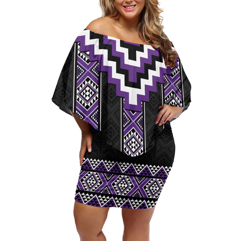Purple Taniko Pattern Aotearoa Family Matching Off Shoulder Short Dress and Hawaiian Shirt Niho Taniwha Mix Poutama LT14 Mom's Dress Purple - Polynesian Pride