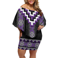 Purple Taniko Pattern Aotearoa Family Matching Off Shoulder Short Dress and Hawaiian Shirt Niho Taniwha Mix Poutama LT14 Mom's Dress Purple - Polynesian Pride