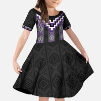 Purple Taniko Pattern Aotearoa Family Matching Summer Maxi Dress and Hawaiian Shirt Niho Taniwha Mix Poutama LT14 Daughter's Dress Purple - Polynesian Pride