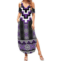 Purple Taniko Pattern Aotearoa Family Matching Summer Maxi Dress and Hawaiian Shirt Niho Taniwha Mix Poutama LT14 Mom's Dress Purple - Polynesian Pride
