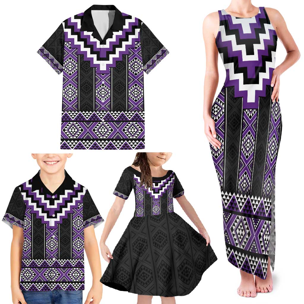 Purple Taniko Pattern Aotearoa Family Matching Tank Maxi Dress and Hawaiian Shirt Niho Taniwha Mix Poutama LT14 - Polynesian Pride