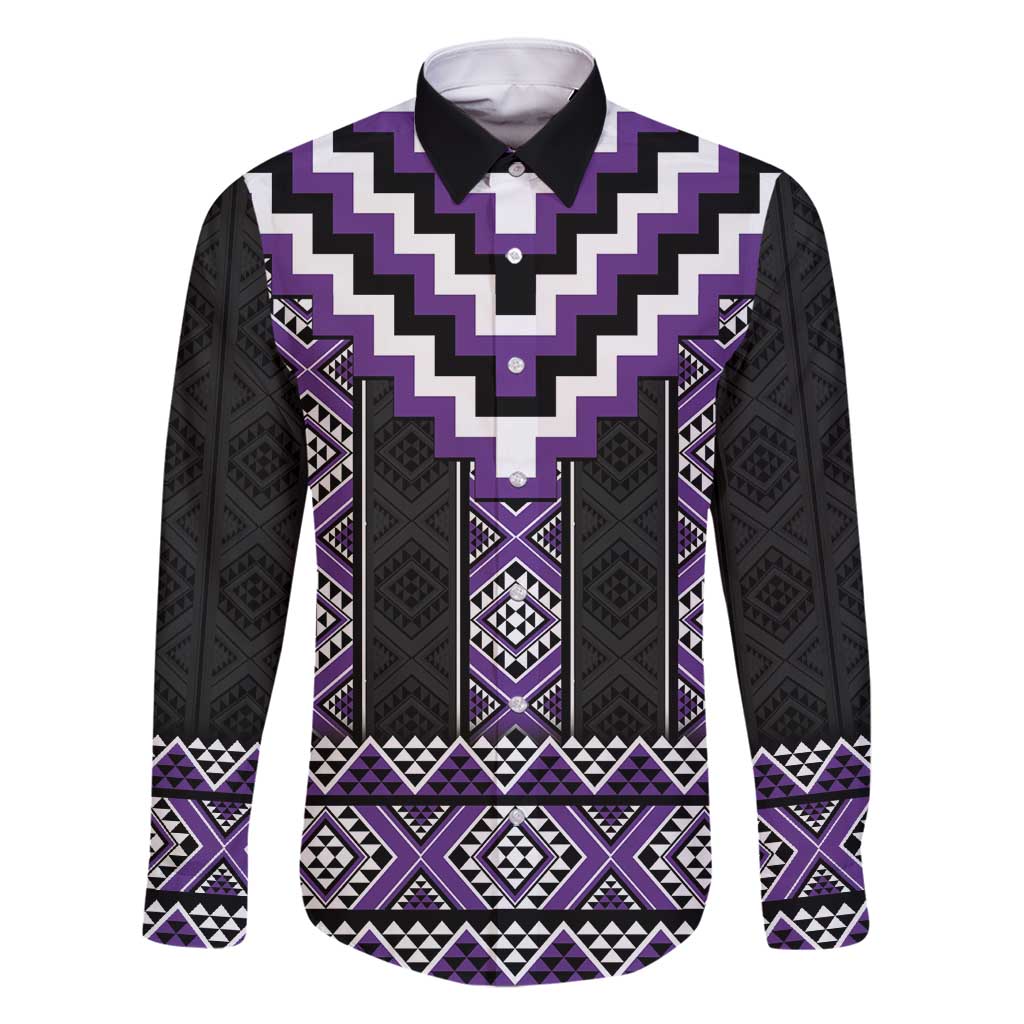 Purple Taniko Pattern Aotearoa Family Matching Tank Maxi Dress and Hawaiian Shirt Niho Taniwha Mix Poutama LT14 Dad's Shirt - Long Sleeve Purple - Polynesian Pride
