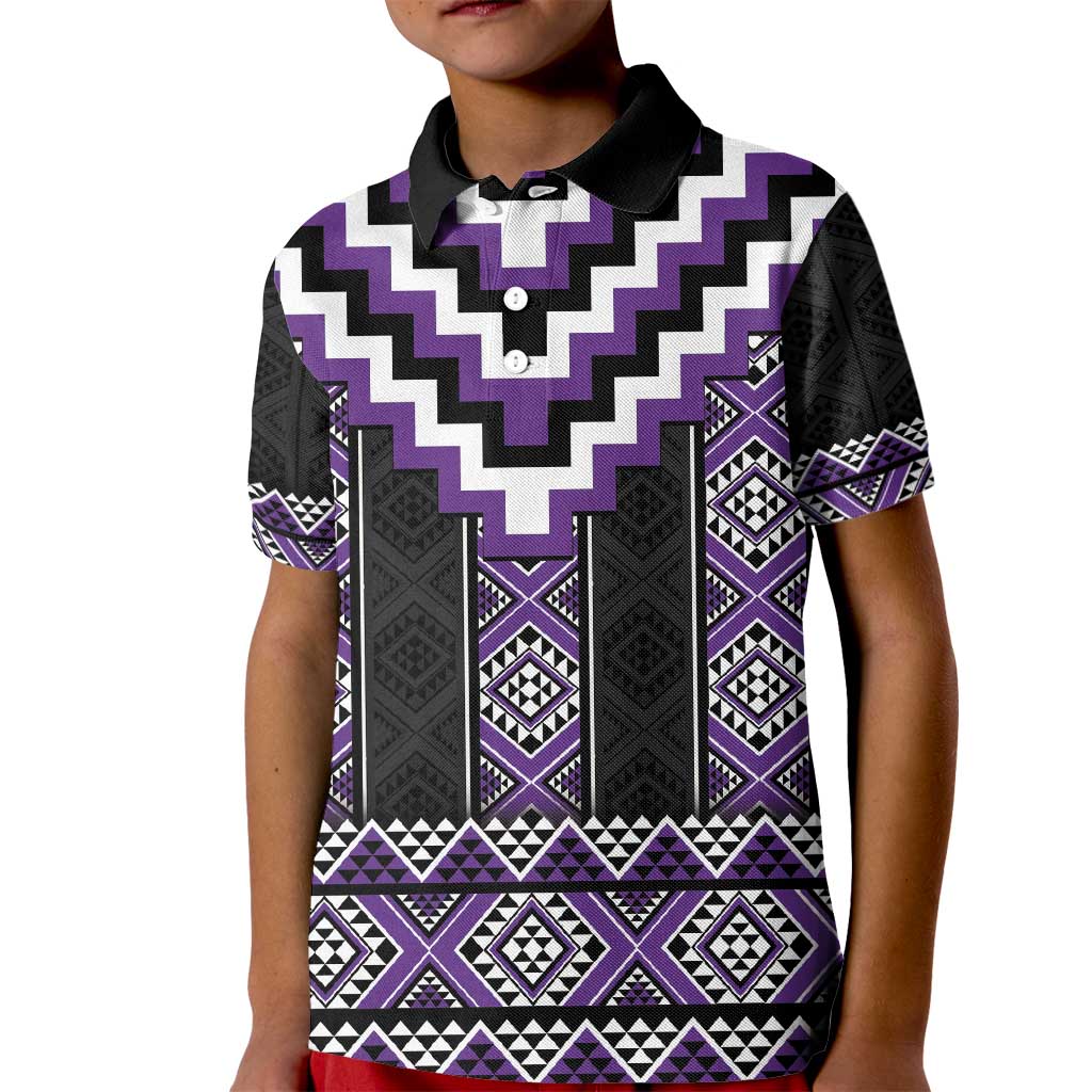 Purple Taniko Pattern Aotearoa Kid Polo Shirt Niho Taniwha Mix Poutama LT14 Kid Purple - Polynesian Pride
