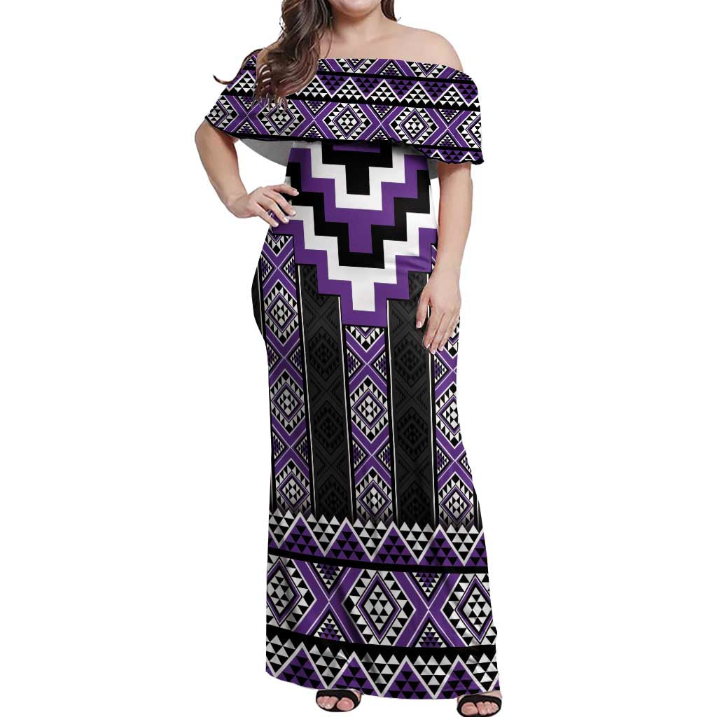 Purple Taniko Pattern Aotearoa Off Shoulder Maxi Dress Niho Taniwha Mix Poutama LT14 Women Purple - Polynesian Pride