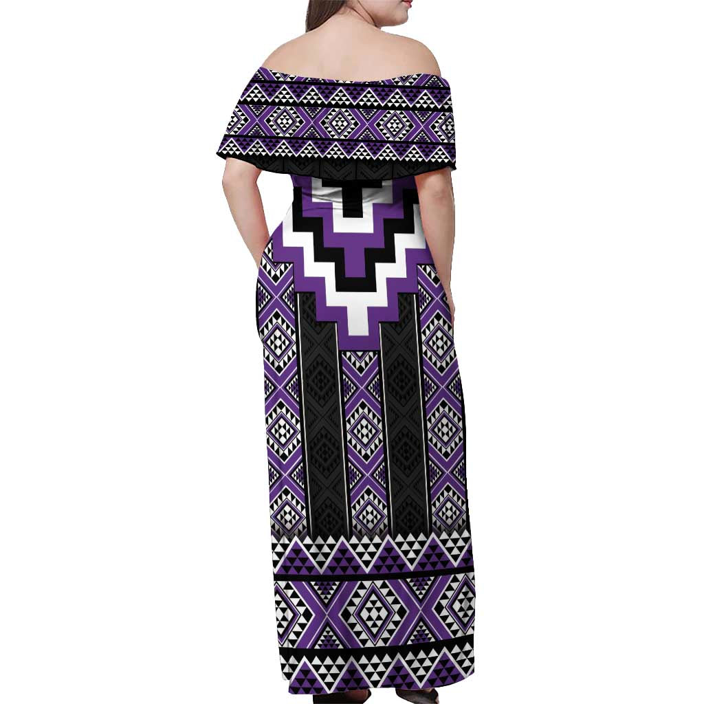 Purple Taniko Pattern Aotearoa Off Shoulder Maxi Dress Niho Taniwha Mix Poutama LT14 - Polynesian Pride