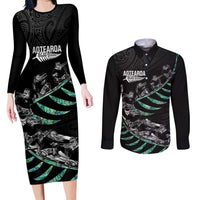 Custom New Zealand Silver Fern Rugby Couples Matching Long Sleeve Bodycon Dress and Long Sleeve Button Shirt Aotearoa Kiwi Maori Pattern