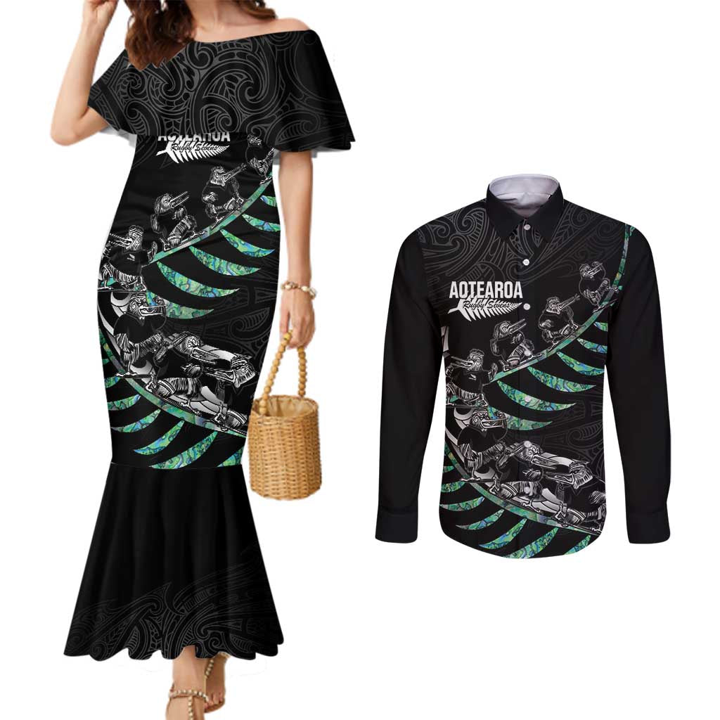 Custom New Zealand Silver Fern Rugby Couples Matching Mermaid Dress and Long Sleeve Button Shirt Aotearoa Kiwi Maori Pattern