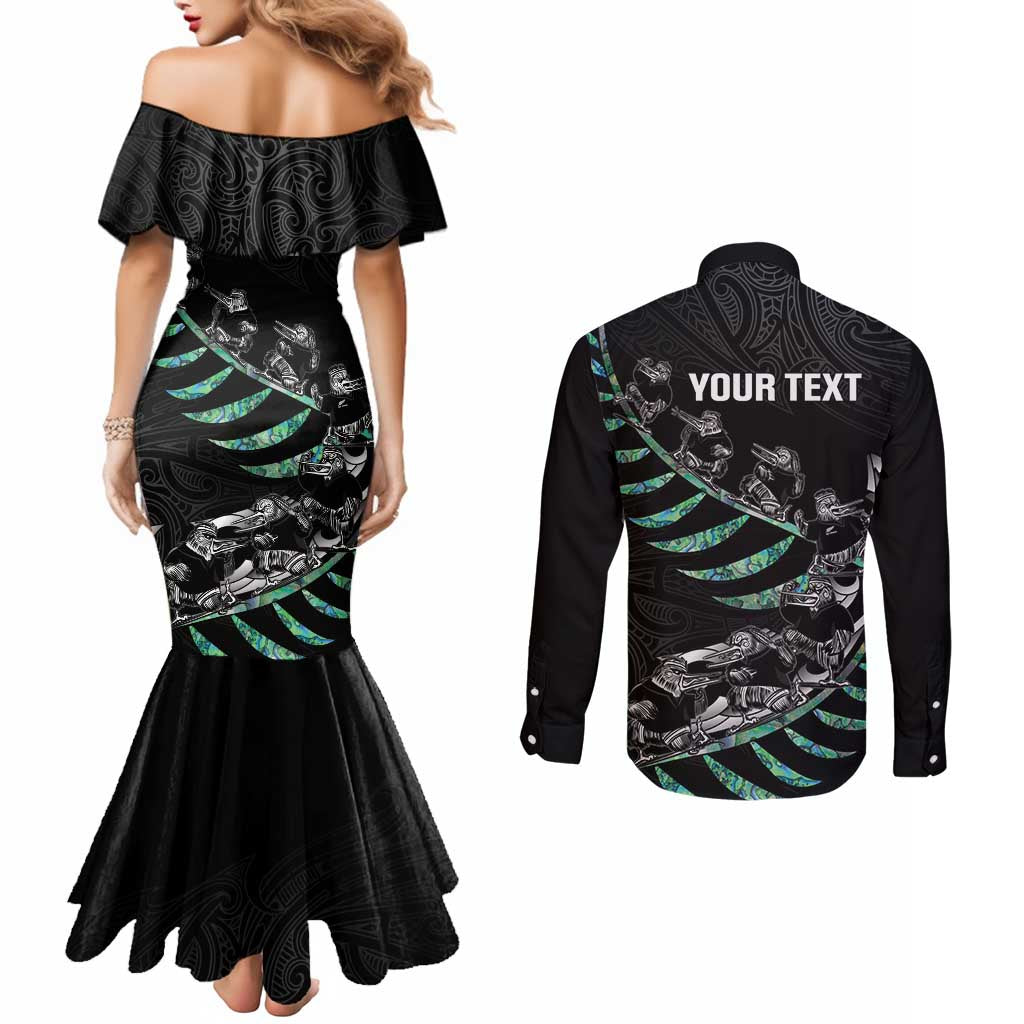 Custom New Zealand Silver Fern Rugby Couples Matching Mermaid Dress and Long Sleeve Button Shirt Aotearoa Kiwi Maori Pattern