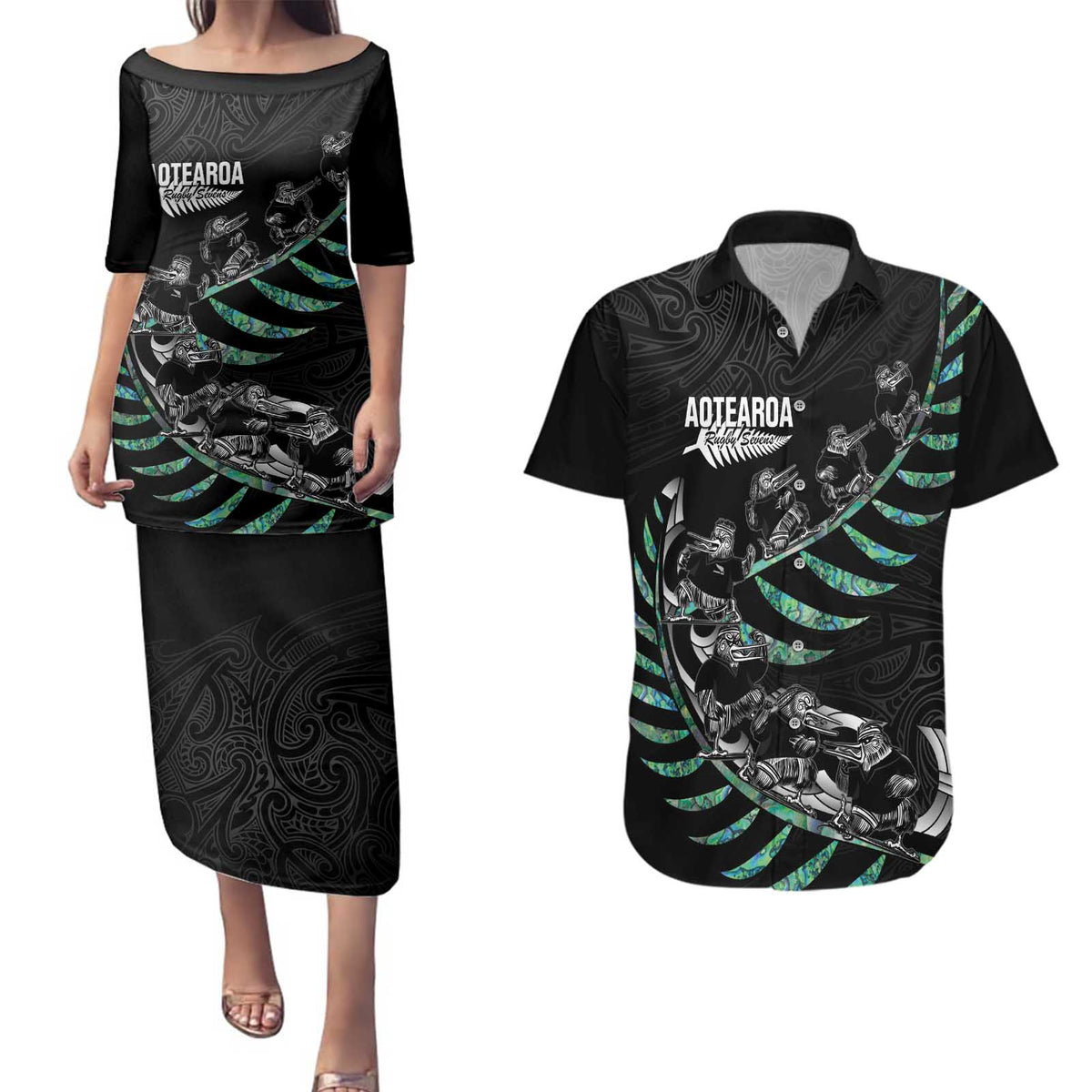 Custom New Zealand Silver Fern Rugby Couples Matching Puletasi and Hawaiian Shirt Aotearoa Kiwi Maori Pattern