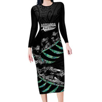 Custom New Zealand Silver Fern Rugby Family Matching Long Sleeve Bodycon Dress and Hawaiian Shirt Aotearoa Kiwi Maori Pattern LT14 Mom's Dress Black - Polynesian Pride