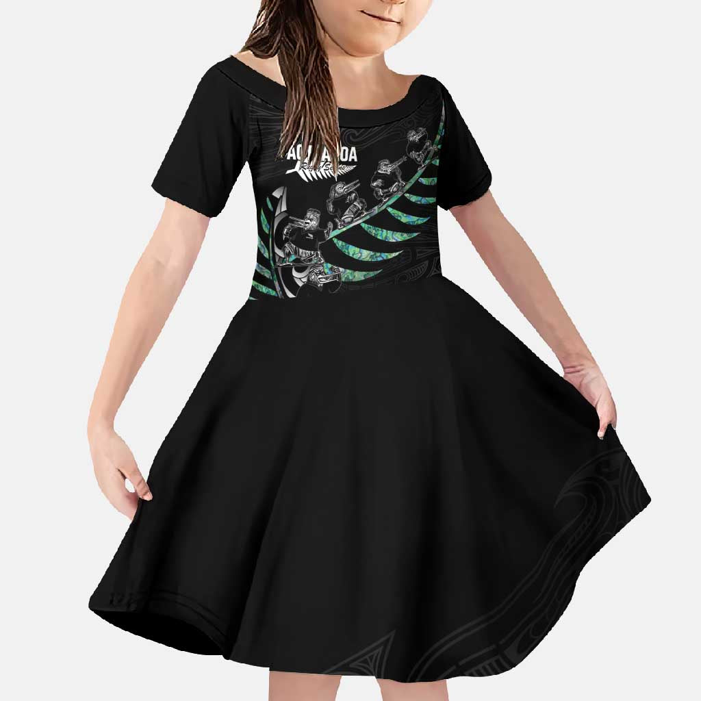 Custom New Zealand Silver Fern Rugby Family Matching Mermaid Dress and Hawaiian Shirt Aotearoa Kiwi Maori Pattern LT14 Daughter's Dress Black - Polynesian Pride
