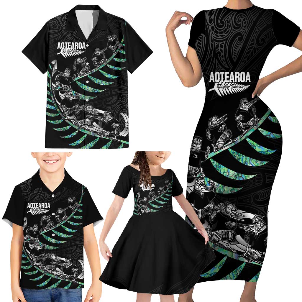 Custom New Zealand Silver Fern Rugby Family Matching Short Sleeve Bodycon Dress and Hawaiian Shirt Aotearoa Kiwi Maori Pattern LT14 - Polynesian Pride