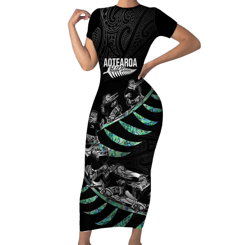 Custom New Zealand Silver Fern Rugby Family Matching Short Sleeve Bodycon Dress and Hawaiian Shirt Aotearoa Kiwi Maori Pattern LT14 Mom's Dress Black - Polynesian Pride