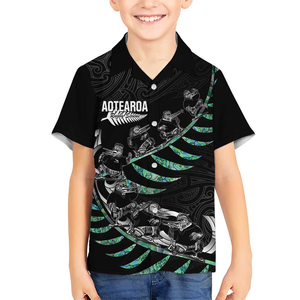 Custom New Zealand Silver Fern Rugby Family Matching Short Sleeve Bodycon Dress and Hawaiian Shirt Aotearoa Kiwi Maori Pattern LT14 Son's Shirt Black - Polynesian Pride
