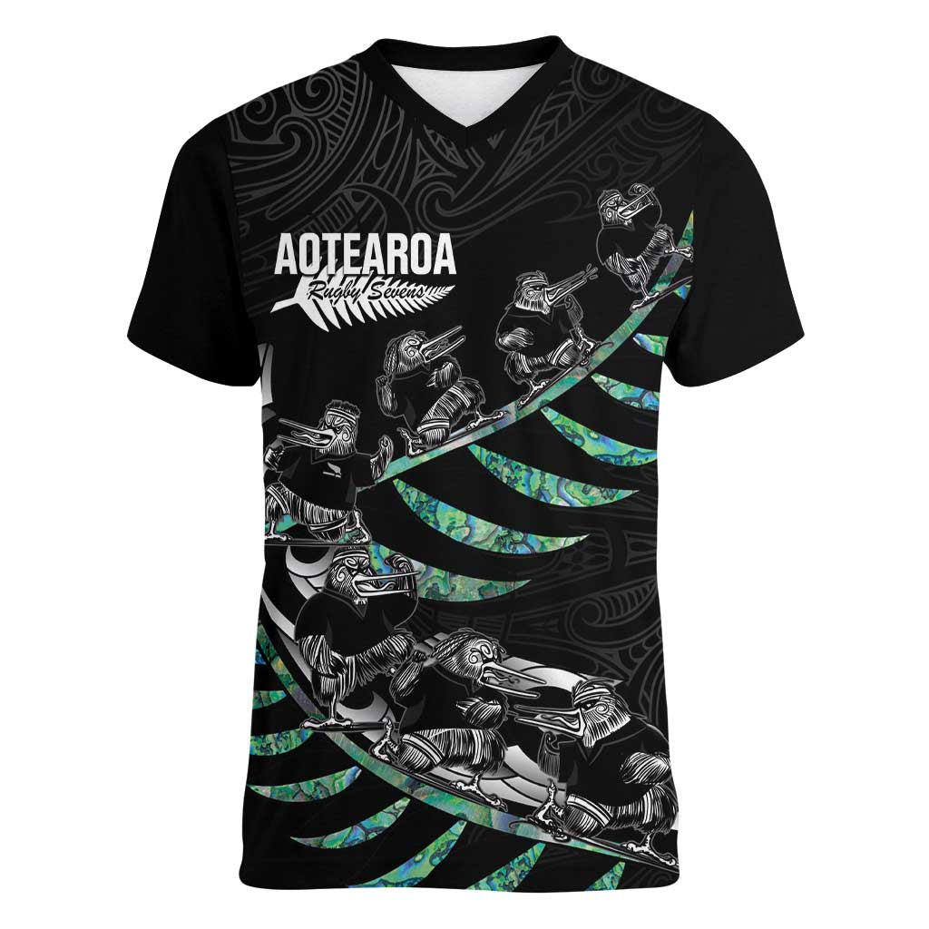 Custom New Zealand Silver Fern Rugby Women V-Neck T-Shirt Aotearoa Kiwi Maori Pattern LT14 Female Black - Polynesian Pride