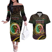 Personalised Vanuatu Couples Matching Off The Shoulder Long Sleeve Dress and Hawaiian Shirt Yumi 45th Hapi Independens Dei - Black Version LT14