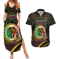 Personalised Vanuatu Couples Matching Summer Maxi Dress and Hawaiian Shirt Yumi 46th Hapi Independens Dei - Black Version LT14 Black - Polynesian Pride