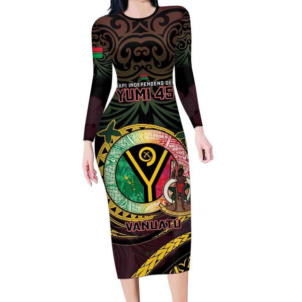 Personalised Vanuatu Family Matching Long Sleeve Bodycon Dress and Hawaiian Shirt Yumi 45th Hapi Independens Dei - Black Version LT14 Mom's Dress Black - Polynesian Pride