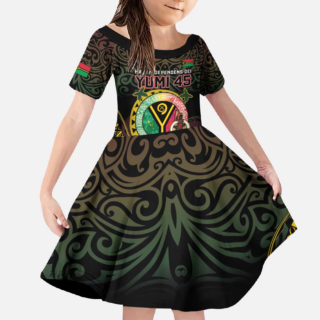 Personalised Vanuatu Family Matching Mermaid Dress and Hawaiian Shirt Yumi 45th Hapi Independens Dei - Black Version LT14 Daughter's Dress Black - Polynesian Pride