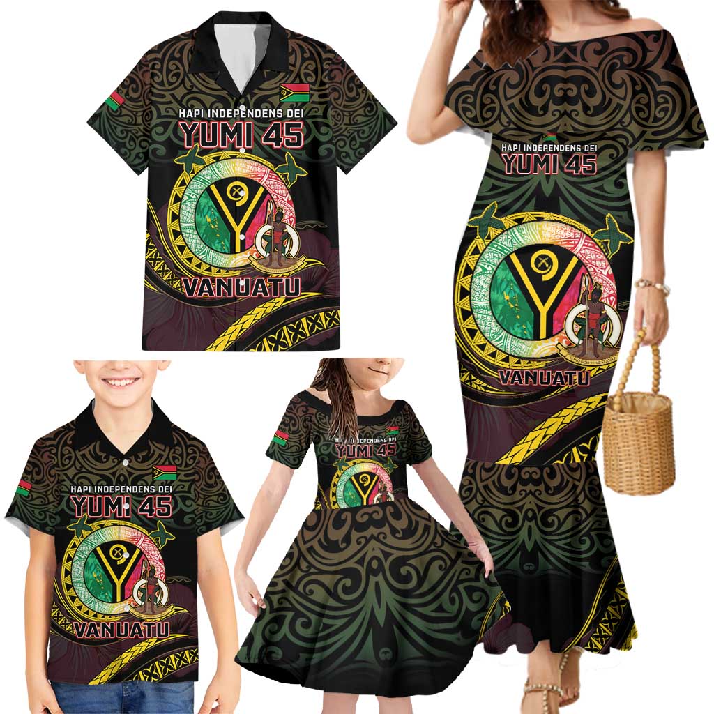 Personalised Vanuatu Family Matching Mermaid Dress and Hawaiian Shirt Yumi 45th Hapi Independens Dei - Black Version LT14 - Polynesian Pride