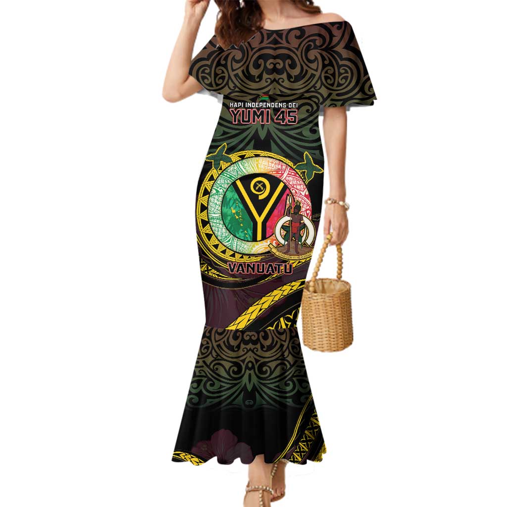 Personalised Vanuatu Family Matching Mermaid Dress and Hawaiian Shirt Yumi 45th Hapi Independens Dei - Black Version LT14 Mom's Dress Black - Polynesian Pride