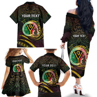 Personalised Vanuatu Family Matching Off The Shoulder Long Sleeve Dress and Hawaiian Shirt Yumi 45th Hapi Independens Dei - Black Version LT14