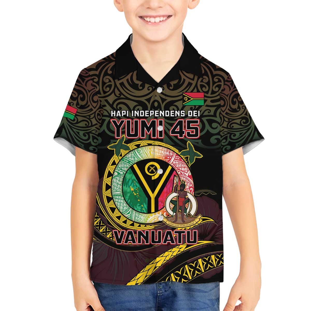 Personalised Vanuatu Family Matching Off The Shoulder Long Sleeve Dress and Hawaiian Shirt Yumi 45th Hapi Independens Dei - Black Version LT14