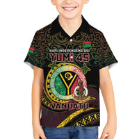 Personalised Vanuatu Family Matching Off The Shoulder Long Sleeve Dress and Hawaiian Shirt Yumi 45th Hapi Independens Dei - Black Version LT14