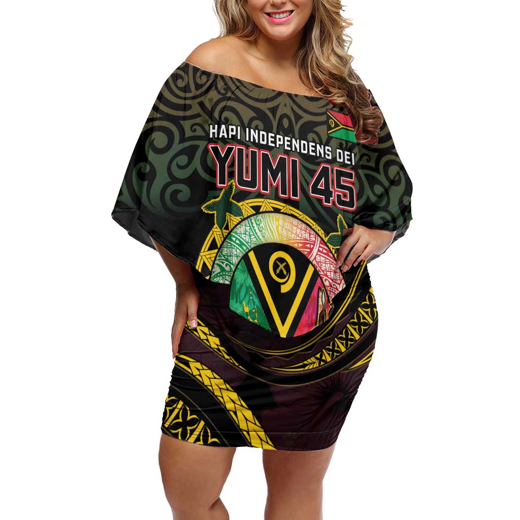 Personalised Vanuatu Family Matching Off Shoulder Short Dress and Hawaiian Shirt Yumi 45th Hapi Independens Dei - Black Version LT14
