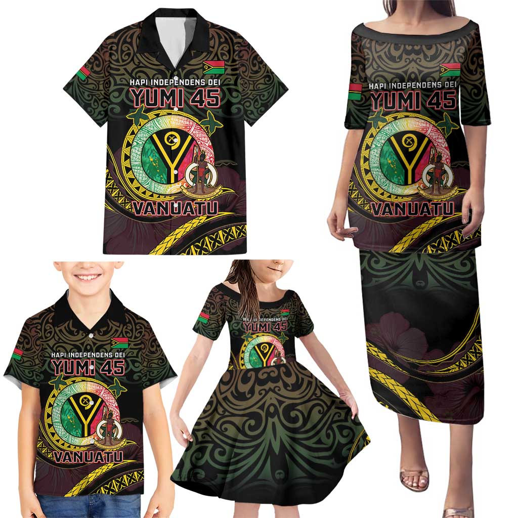 Personalised Vanuatu Family Matching Puletasi and Hawaiian Shirt Yumi 45th Hapi Independens Dei - Black Version LT14